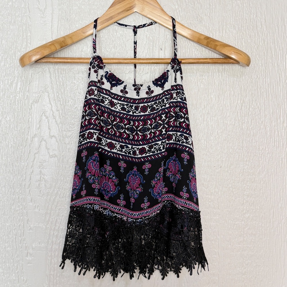 Boho Halter Top Paisley Print Lace Trim T-Back Black Pink Blue Small